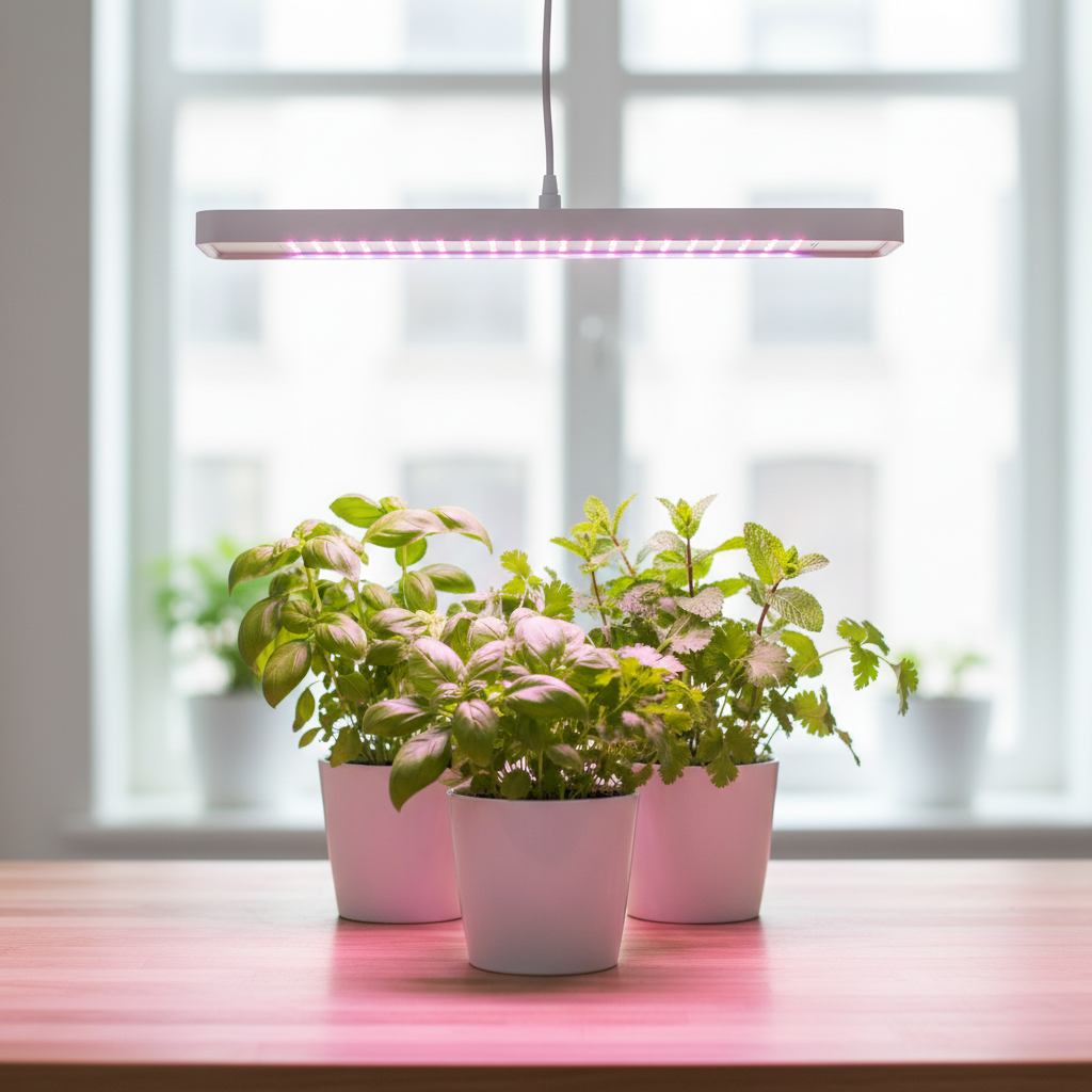LED grow lights illuminating indoor plants in a dark apartment LED grow lights illuminating indoor plants in a dark apartment